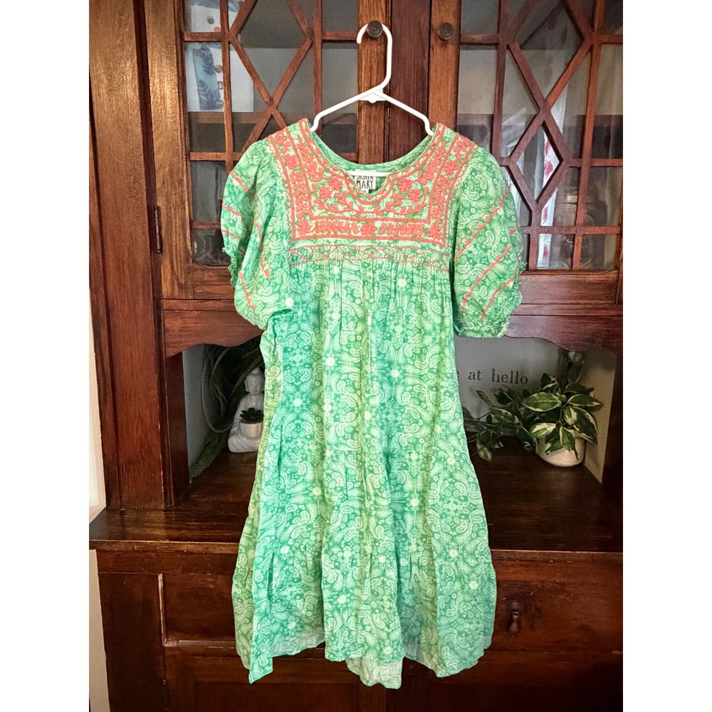 Sister Mary Patsy Dress Green Paisley Embroidered Cotton Mini Small Boho